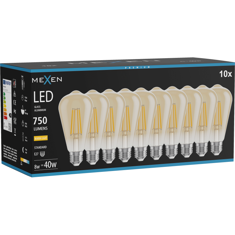 Mexen Vintis 10x Bec LED cu filament E27, ST64, 8W, Caldă - 2700K, 750 lm, chihlimbar - L152-E27-0827-50x10
