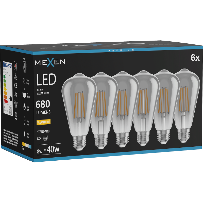 Mexen Vintis 6x Bec LED cu filament E27, ST64, 8W, Cald - 2700K, 680 lm, fumuriu - L152-E27-0827-70x06