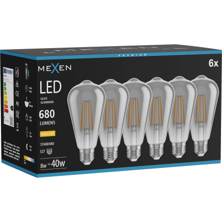 Mexen Vintis 6x LED filament izzó E27, ST64, 8W, Meleg - 2700K, 680 lm, füstszín - L152-E27-0827-70x06