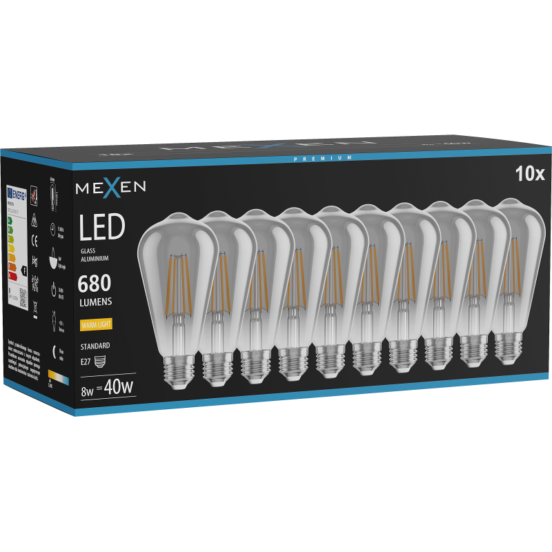 Mexen Vintis 10x LED filament izzó E27, ST64, 8W, Meleg - 2700K, 680 lm, füstös - L152-E27-0827-70x10