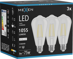 Mexen Vintis 3x LED filament izzó E27, ST64, 8W, Semleges - 4000K, 1055 lm, átlátszó - L152-E27-0840-00x03