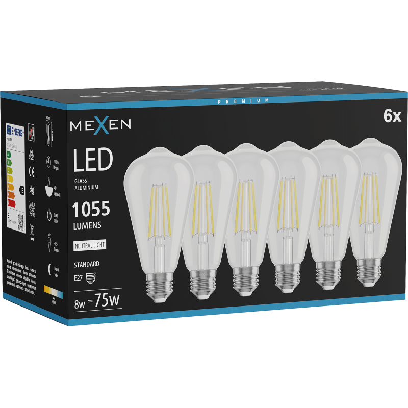 Mexen Vintis 6x Bec led cu filament E27, ST64, 8W, Neutru - 4000K, 1055 lm, transparent - L152-E27-0840-00x06