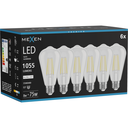 Mexen Vintis 6x LED filament izzó E27, ST64, 8W, Semleges - 4000K, 1055 lm, átlátszó - L152-E27-0840-00x06