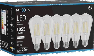Mexen Vintis 6x Bec led cu filament E27, ST64, 8W, Neutru - 4000K, 1055 lm, transparent - L152-E27-0840-00x06