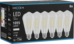 Mexen Vintis 6x LED filament izzó E27, ST64, 8W, Semleges - 4000K, 1055 lm, átlátszó - L152-E27-0840-00x06