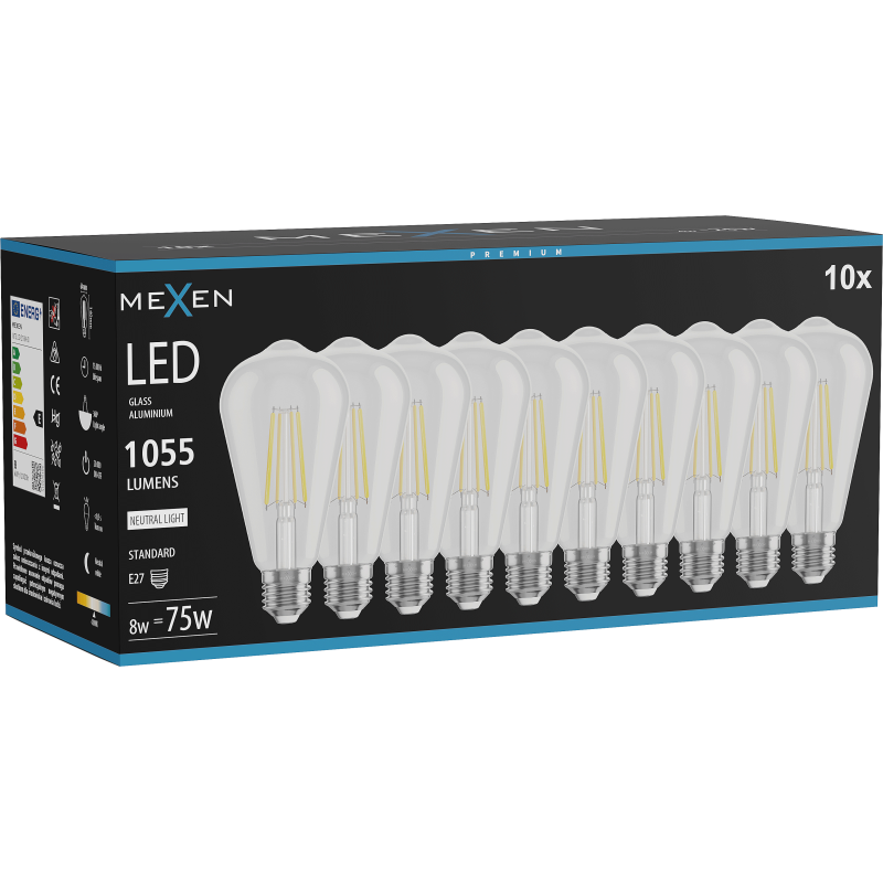 Mexen Vintis 10x Bec LED filament E27, ST64, 8W, Neutră - 4000K, 1055 lm, transparent - L152-E27-0840-00x10