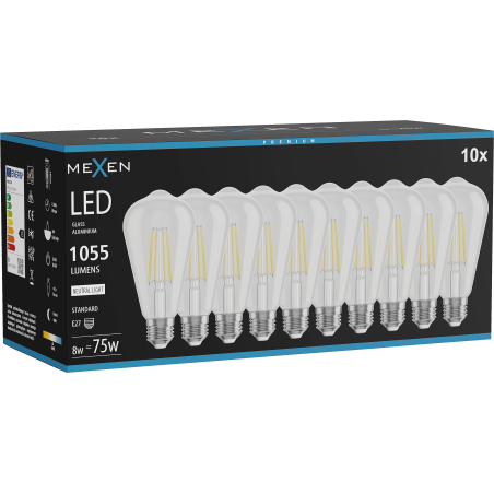 Mexen Vintis 10x LED filament izzó E27, ST64, 8W, Neutrális - 4000K, 1055 lm, átlátszó - L152-E27-0840-00x10