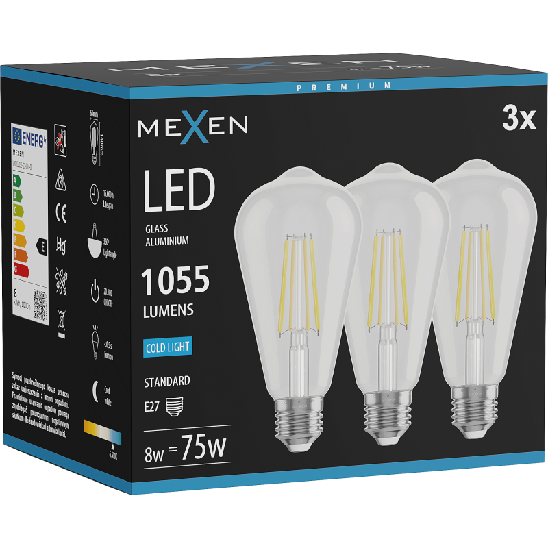 Mexen Vintis 3x LED filament izzó E27, ST64, 8W, Hideg - 6500K, 1055 lm, átlátszó - L152-E27-0865-00x03