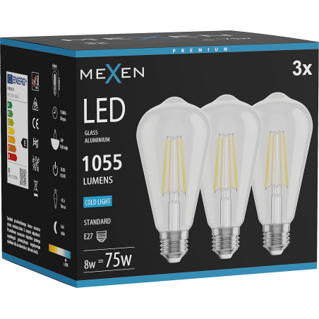 Mexen Vintis 3x LED filament izzó E27, ST64, 8W, Hideg - 6500K, 1055 lm, átlátszó - L152-E27-0865-00x03