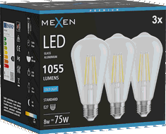 Mexen Vintis 3x Bec LED filament E27, ST64, 8W, Rece - 6500K, 1055 lm, clar - L152-E27-0865-00x03