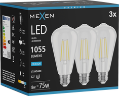 Mexen Vintis 3x LED filament izzó E27, ST64, 8W, Hideg - 6500K, 1055 lm, átlátszó - L152-E27-0865-00x03
