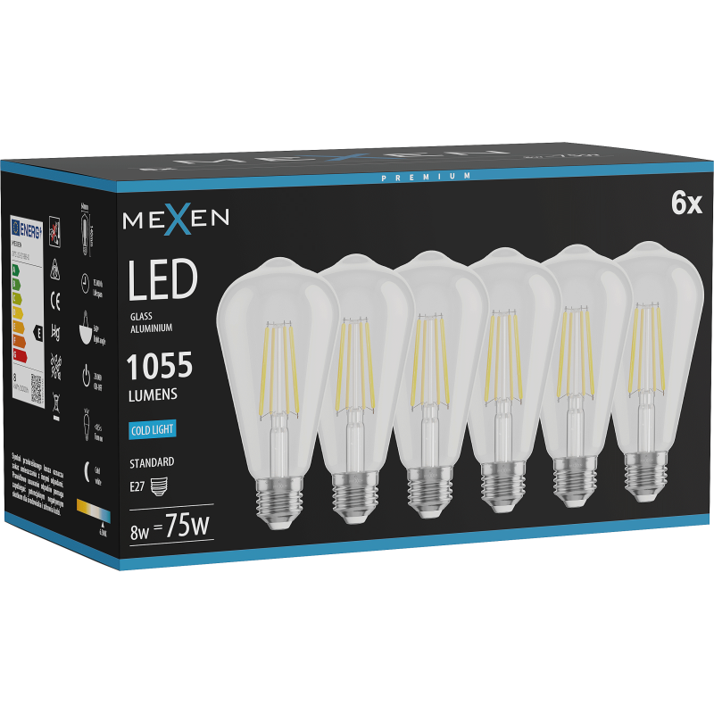 Mexen Vintis 6x Bec LED cu filament E27, ST64, 8W, Rece - 6500K, 1055 lm, clar - L152-E27-0865-00x06