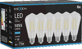 Mexen Vintis 6x Bec LED cu filament E27, ST64, 8W, Rece - 6500K, 1055 lm, clar - L152-E27-0865-00x06
