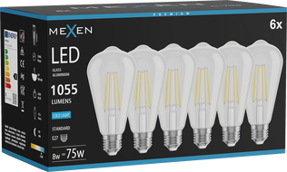 Mexen Vintis 6x LED filament izzó E27, ST64, 8W, Hideg - 6500K, 1055 lm, átlátszó - L152-E27-0865-00x06