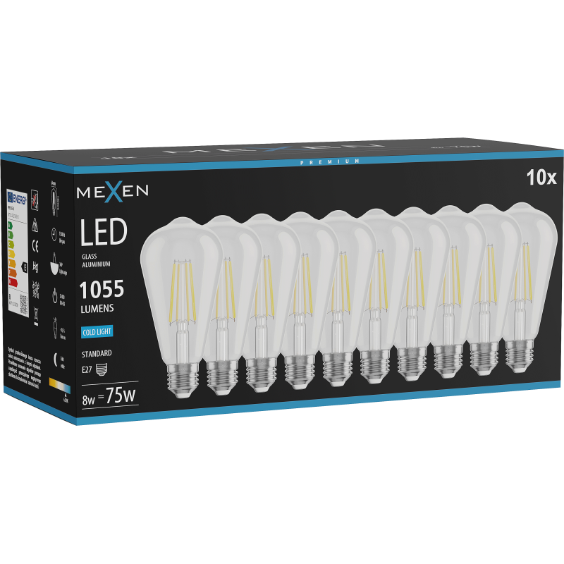 Mexen Vintis 10x LED filament izzó E27, ST64, 8W, hideg - 6500K, 1055 lm, átlátszó - L152-E27-0865-00x10