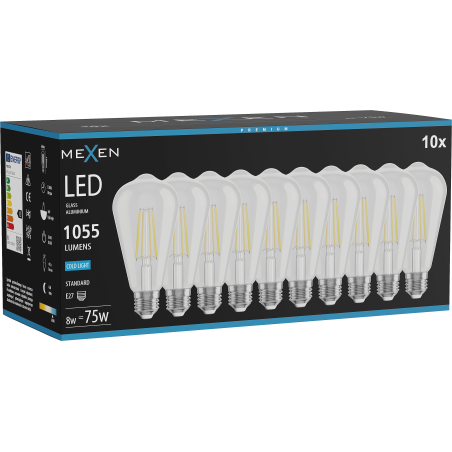 Mexen Vintis 10x Bec LED cu filament E27, ST64, 8W, Rece - 6500K, 1055 lm, transparentă - L152-E27-0865-00x10