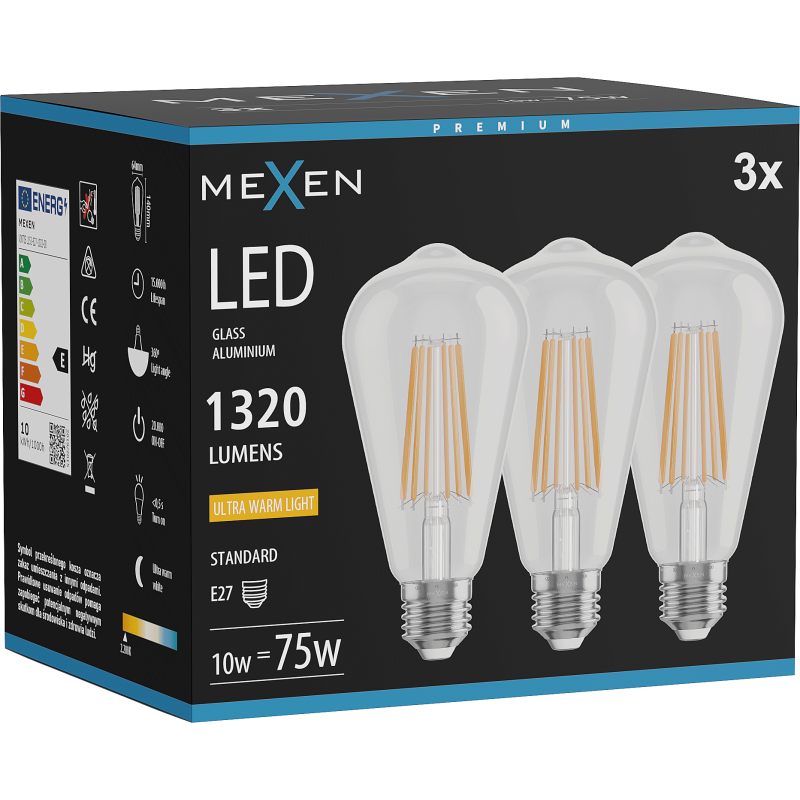 Mexen Vintis 3x LED izzószálas izzó E27, ST64, 10W, Meleg - 2200K, 1320 lm, átlátszó - L152-E27-1022-00x03