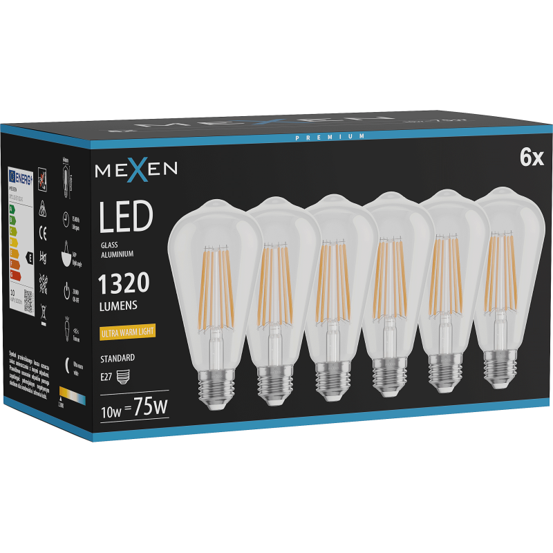 Mexen Vintis 6x Bec filament LED E27, ST64, 10W, Cald - 2200K, 1320 lm, transparent - L152-E27-1022-00x06