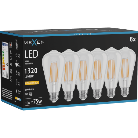 Mexen Vintis 6x Bec filament LED E27, ST64, 10W, Cald - 2200K, 1320 lm, transparent - L152-E27-1022-00x06