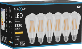 Mexen Vintis 6x LED filament izzó E27, ST64, 10W, Meleg - 2200K, 1320 lm, tiszta - L152-E27-1022-00x06