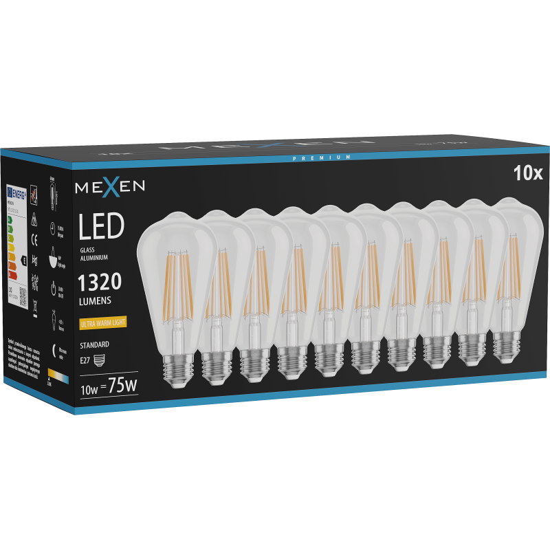 Mexen Vintis 10x Bec LED filament E27, ST64, 10W, Cald - 2200K, 1320 lm, transparent - L152-E27-1022-00x10