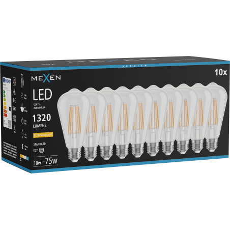Mexen Vintis 10x Bec LED filament E27, ST64, 10W, Cald - 2200K, 1320 lm, transparent - L152-E27-1022-00x10