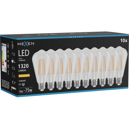 Mexen Vintis 10x LED filament izzó E27, ST64, 10W, Meleg - 2200K, 1320 lm, átlátszó - L152-E27-1022-00x10