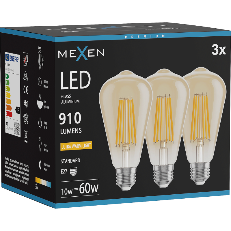 Mexen Vintis 3x LED filament izzó E27, ST64, 10W, Meleg - 2200K, 910 lm, borostyán - L152-E27-1022-50x03