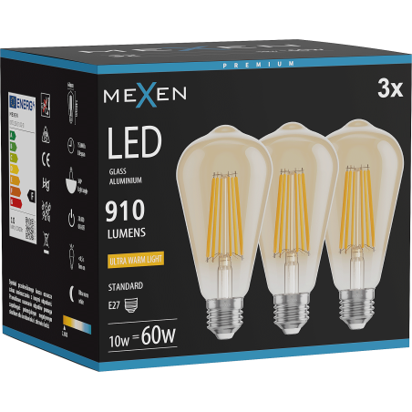 Mexen Vintis 3x Bec LED filament E27, ST64, 10W, Caldă - 2200K, 910 lm, chihlimbar - L152-E27-1022-50x03