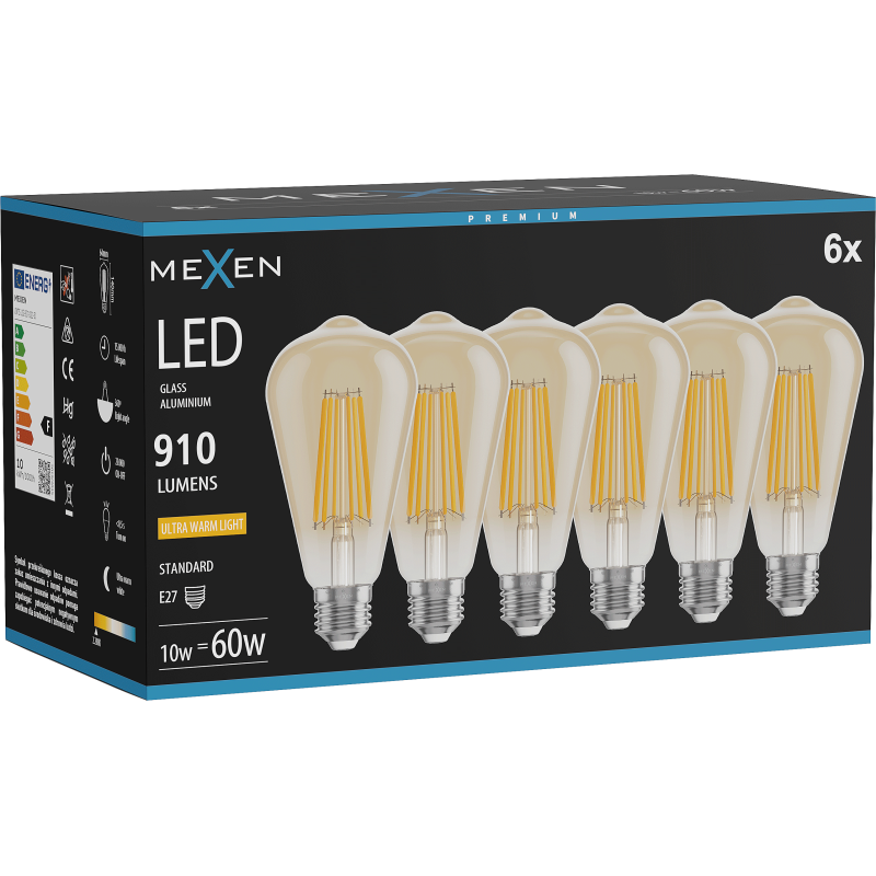 Mexen Vintis 6x LED filament égő E27, ST64, 10W, Meleg - 2200K, 910 lm, borostyán - L152-E27-1022-50x06