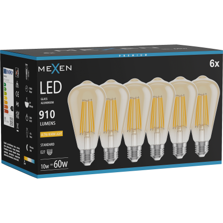 Mexen Vintis 6x LED filament égő E27, ST64, 10W, Meleg - 2200K, 910 lm, borostyán - L152-E27-1022-50x06