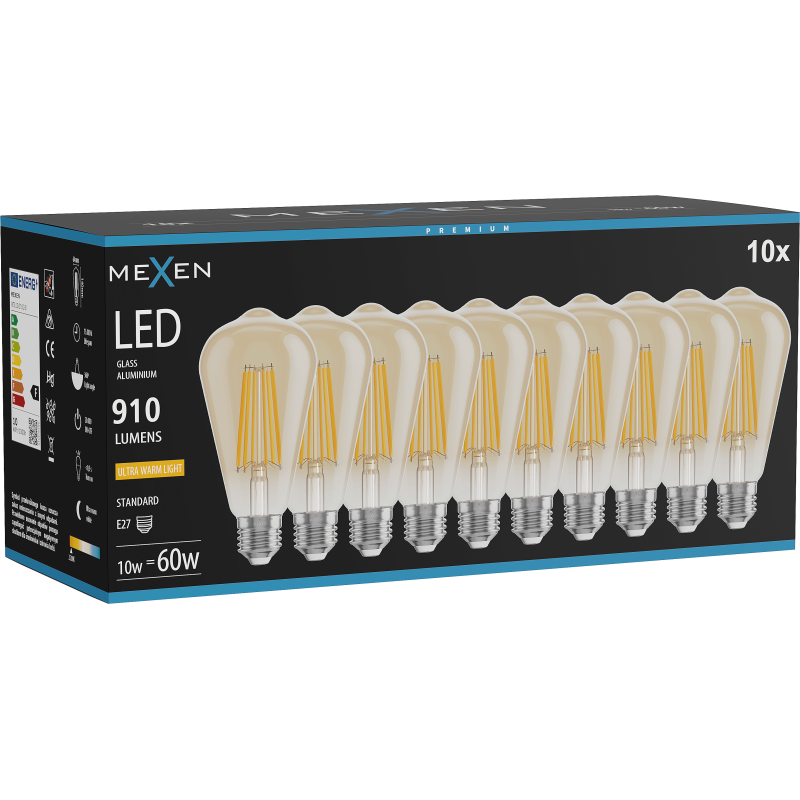 Mexen Vintis 10x Bec LED filament E27, ST64, 10W, Caldă - 2200K, 910 lm, chihlimbar - L152-E27-1022-50x10
