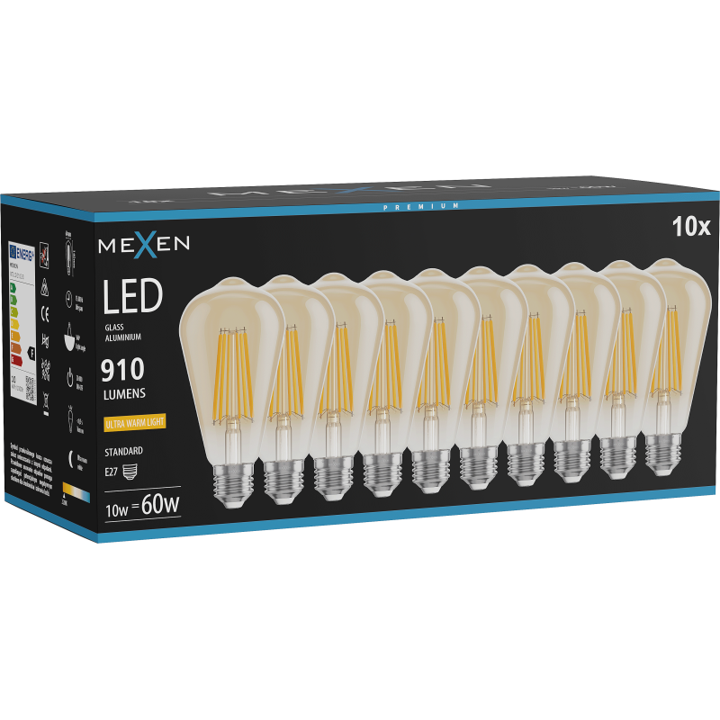 Mexen Vintis 10x LED filament izzó E27, ST64, 10W, Meleg - 2200K, 910 lm, borostyán - L152-E27-1022-50x10