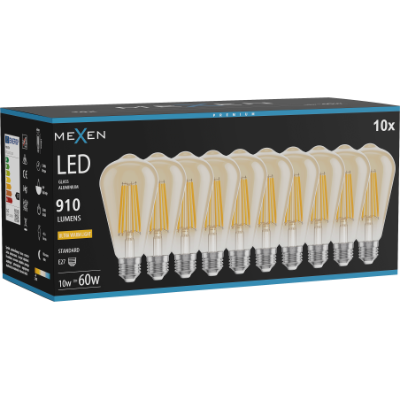 Mexen Vintis 10x LED filament izzó E27, ST64, 10W, Meleg - 2200K, 910 lm, borostyán - L152-E27-1022-50x10