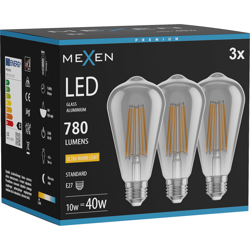 Mexen Vintis 3x Bec cu filament LED E27, ST64, 10W, Caldă - 2200K, 780 lm, fumuriu - L152-E27-1022-70x03