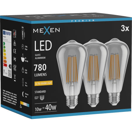 Mexen Vintis 3x Bec cu filament LED E27, ST64, 10W, Caldă - 2200K, 780 lm, fumuriu - L152-E27-1022-70x03