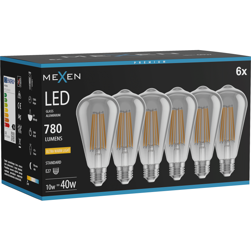 Mexen Vintis 6x Bec LED cu filament E27, ST64, 10W, Lumină Caldă - 2200K, 780 lm, fumuriu - L152-E27-1022-70x06