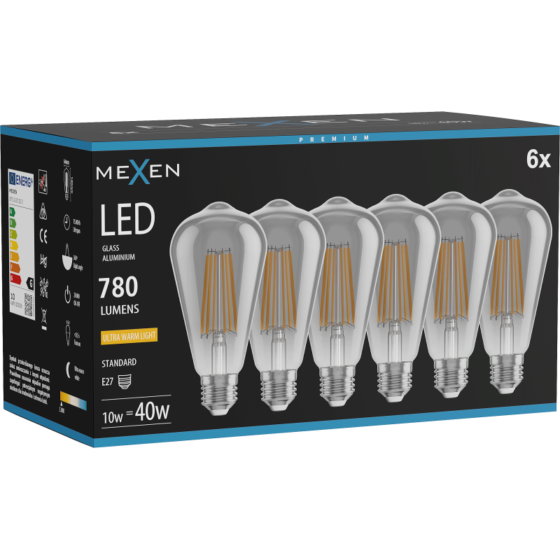 Mexen Vintis 6x LED filament izzó E27, ST64, 10W, Meleg - 2200K, 780 lm, füstszínű - L152-E27-1022-70x06