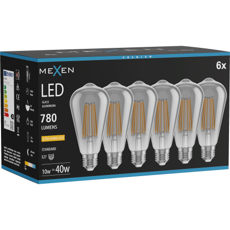 Mexen Vintis 6x LED filament izzó E27, ST64, 10W, Meleg - 2200K, 780 lm, füstszínű - L152-E27-1022-70x06