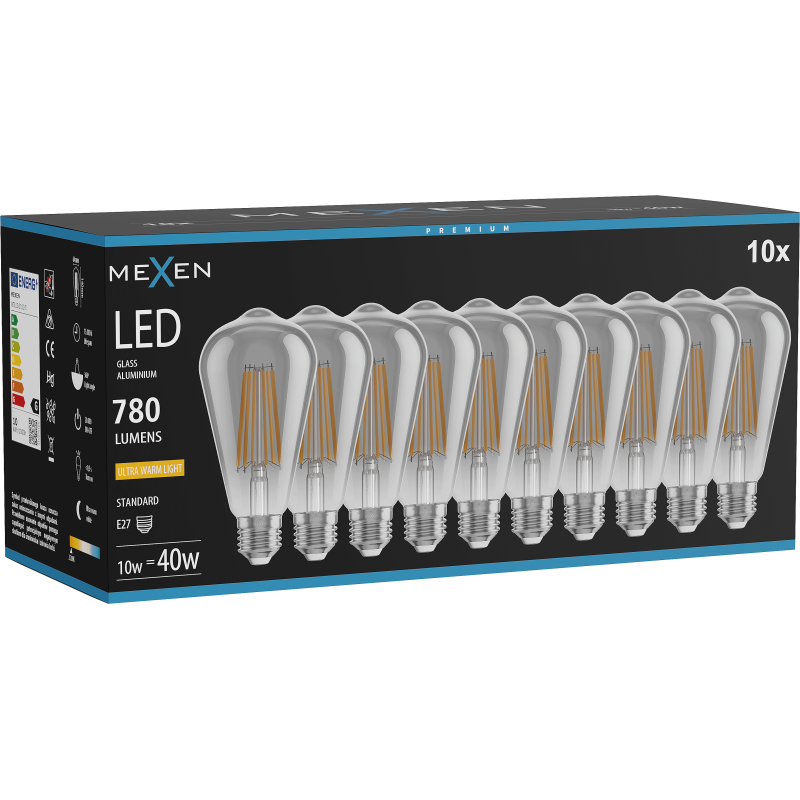 Mexen Vintis 10x LED filament izzó E27, ST64, 10W, Meleg - 2200K, 780 lm, füstszínű - L152-E27-1022-70x10