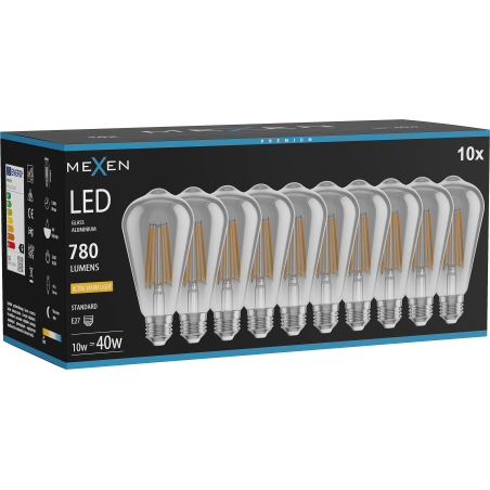 Mexen Vintis 10x LED filament izzó E27, ST64, 10W, Meleg - 2200K, 780 lm, füstszínű - L152-E27-1022-70x10