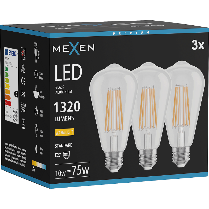 Mexen Vintis 3x LED filament izzó E27, ST64, 10W, Meleg - 2700K, 1320 lm, átlátszó - L152-E27-1027-00x03