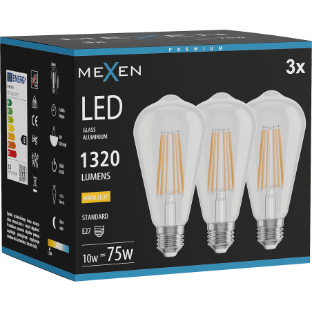 Mexen Vintis 3x Bec LED filament E27, ST64, 10W, Caldă - 2700K, 1320 lm, clar - L152-E27-1027-00x03
