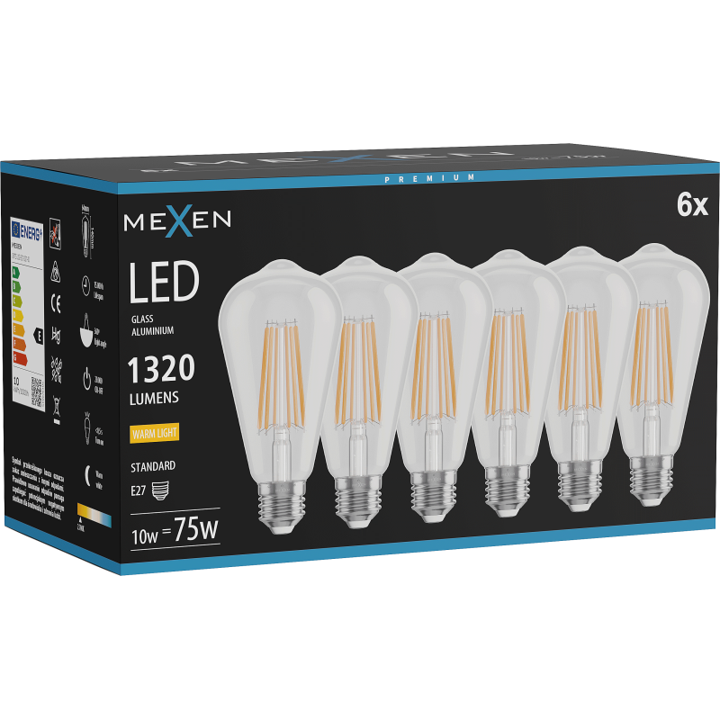Mexen Vintis 6x Bec LED filament E27, ST64, 10W, Caldă - 2700K, 1320 lm, clar - L152-E27-1027-00x06