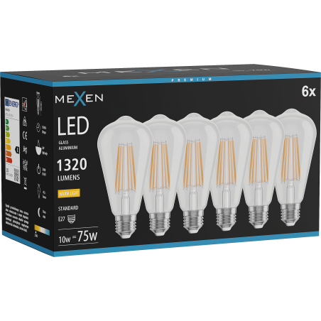 Mexen Vintis 6x Bec LED filament E27, ST64, 10W, Caldă - 2700K, 1320 lm, clar - L152-E27-1027-00x06