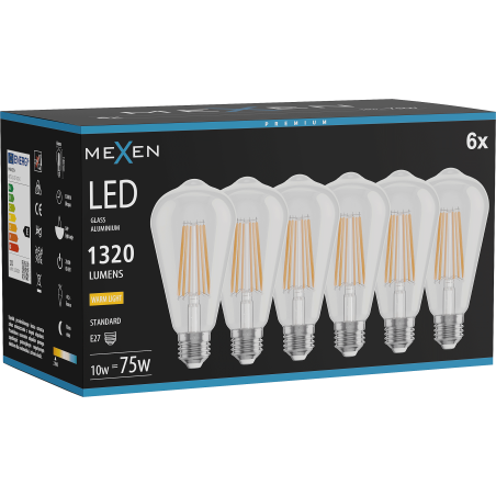 Mexen Vintis 6x LED filament izzó E27, ST64, 10W, Meleg - 2700K, 1320 lm, átlátszó - L152-E27-1027-00x06