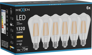 Mexen Vintis 6x LED filament izzó E27, ST64, 10W, Meleg - 2700K, 1320 lm, átlátszó - L152-E27-1027-00x06