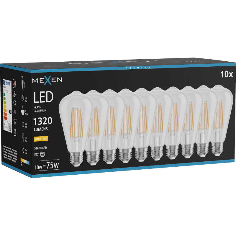 Mexen Vintis 10x Bec filament LED E27, ST64, 10W, Cald - 2700K, 1320 lm, clar - L152-E27-1027-00x10