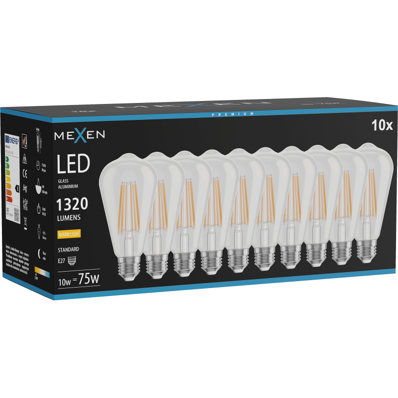 Mexen Vintis 10x LED filament izzó E27, ST64, 10W, Meleg - 2700K, 1320 lm, átlátszó - L152-E27-1027-00x10