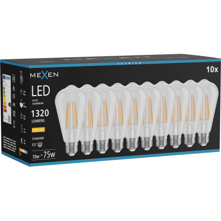 Mexen Vintis 10x Bec filament LED E27, ST64, 10W, Cald - 2700K, 1320 lm, clar - L152-E27-1027-00x10
